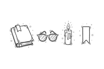 Hand-drawn vintage icons: book, sunglasses, candle, bookmark in black and white