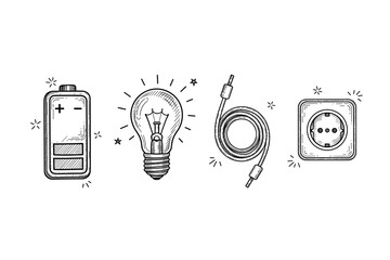 Hand-drawn battery, light bulb, cable, and electrical outlet icons