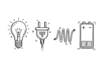 Doodle style light bulb, plug, cable, and battery icons on white background