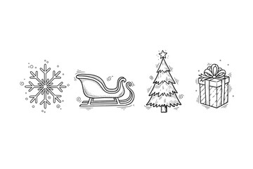 Winter icons: snowflake, sleigh, christmas tree, gift outline art