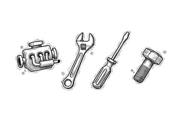 Hand-drawn mechanical tools set: engine, wrench, screwdriver, bolt sketches