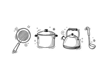 Hand-drawn kitchen utensils set: frying pan, pot, kettle, ladle in black and white