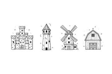 Black and white illustrations of castle, lighthouse, windmill, and barn