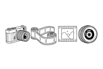 Vintage camera set with film roll and camera lens line art illustration