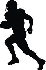 Black silhouette of an American football running back player carrying the ball in action vector illustration