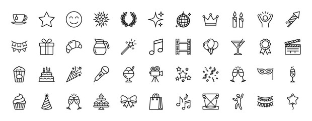 Party and celebration line icon set. Vector pictograms of gift, cake, confetti, balloons, and cocktails, thin linear illustration.