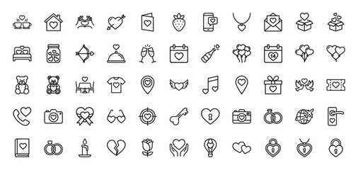Dating and valentine's day line icon set. Vector pictograms of heart, ring, teddy bear, champagne, and gift, thin linear illustration.