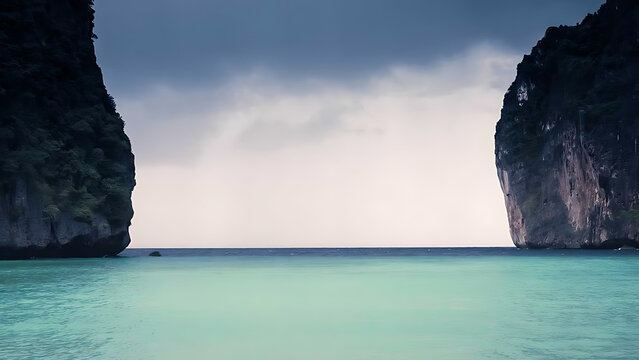Majestic limestone cliffs frame a serene turquoise ocean under a dramatic cloudy sky