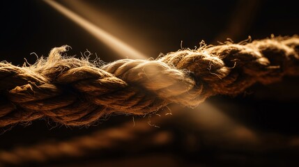 Tension rope knot fiber dramatic light sharp cut chaos closeup thick rope under tension is dramatically illuminated by sharp beam of light highlighting its fibers and chaotic knot