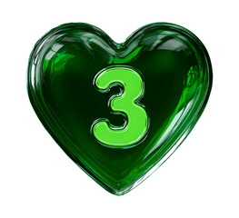 Number three inside a green heart, glossy 3d style isolated on transparent background