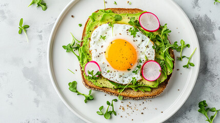 Enjoying a vibrant brunch with fresh avocado toast topped with a perfectly fried egg and garnished with radishes