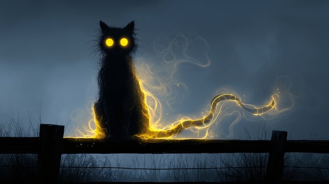 Glowing eyes cat smoke mystical night fence yellow silhouette fantasy eerie magical atmosphere mysterious feline sits on wooden fence with illuminated tail