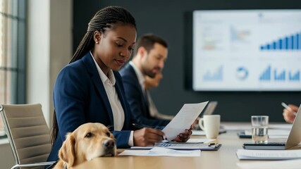 Operations manager reviews documents with her service dog during a meeting in a modern office