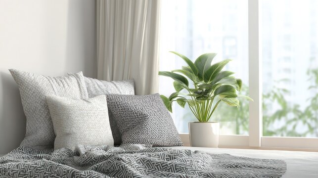 Cozy window seat with patterned pillows blanket and plant in a bright airy room