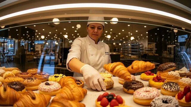 A baker skillfully moves her hands, causing pastries to appear and disappear in a vibrant pastry display. The shop is filled with warm light and delightful treats.