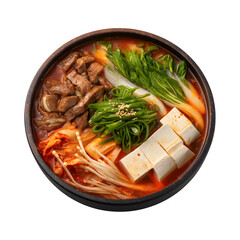 Korean beef noodle soup, top view isolated on transparent background