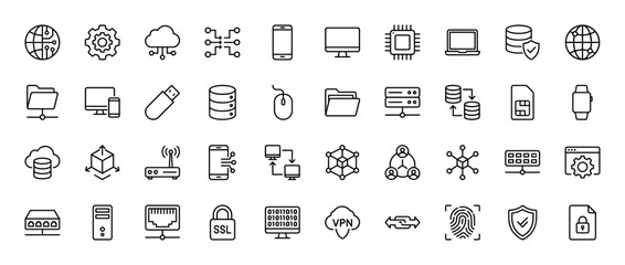 Fototapeta premium Technology and network line icon set. Vector pictograms of server, cloud, data, security, and device concepts, thin linear illustration.
