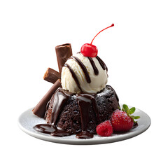 Molten chocolate cake with ice cream isolated on transparent background