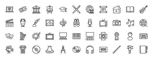 Arts and culture line icon set. Vector pictograms of museum, theater, painting, music notes, and video camera, thin linear illustration.