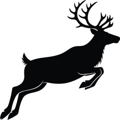Black Silhouette Vector of a Jumping Stag or Reindeer with Large Antlers Dynamic Wildlife Illustration