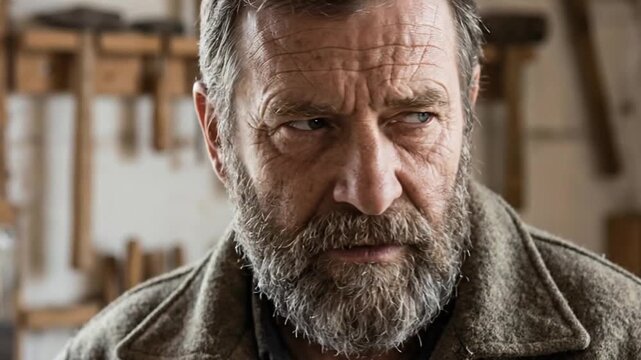 A close-up shot features a mature, bearded man with a deeply serious and intense expression. His weathered face, marked by visible wrinkles and a grizzled salt-and-pepper beard, conveys a strong sense