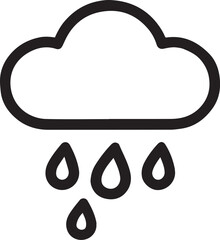 A minimalist black and white icon illustrates a stylized cloud, from which raindrops cascade downwards, capturing the essence of precipitation and weather conditions.