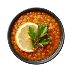 Red lentil soup with lemon and parsley isolated on transparent background