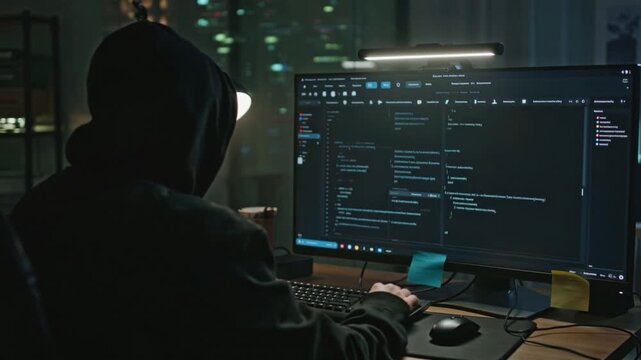 A computer programmer or hacker prints a code on a laptop keyboard to break secret organization system be aware hacker attack hacker steal information Cybersecurity social network data protection