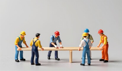 Miniature construction crew working together on a project in a playful scene