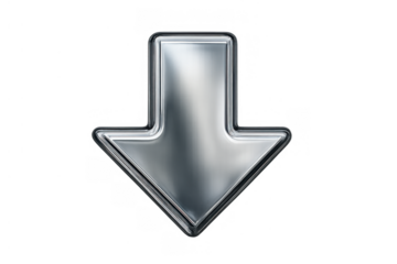 Metallic downward arrow symbol showing direction, download, or progress with a chrome shiny finish, transparent background