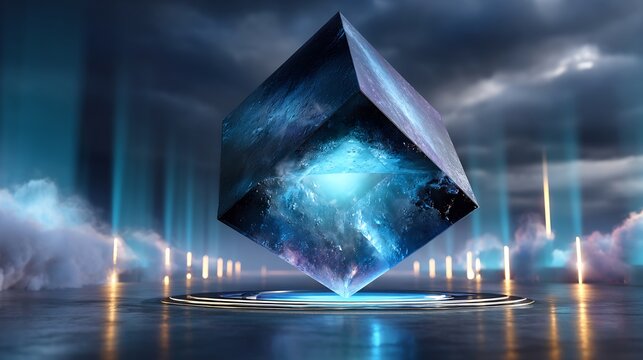 Cosmic Cube Floating Above Lit Platform with Dramatic Clouds and Ethereal Lighting, creating a Sense of Wonder and Infinite Possibilities in High Definition
