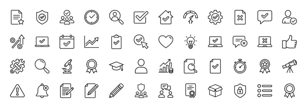 Business and productivity line icon set. Vector pictograms of clock, shield, checklist, lightbulb, and graph, thin linear illustration.