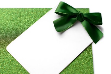 Elegant Blank White Card with Green Satin Bow on Glitter Background for Festive Invitations Greeting Notes Holiday Tags or Gift Messages