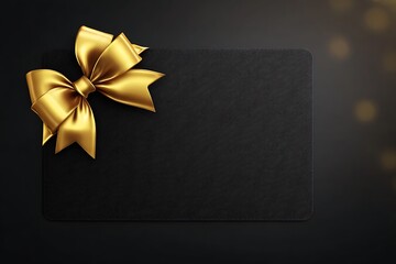 Elegant Black Gift Card with Luxurious Golden Bow and Soft Bokeh Lights Perfect for Upscale Invitations and Festive Promotions