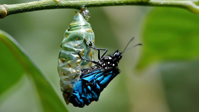 A butterfly emerging from its cocoon hangs upside down on a green stem with blurred leaves in the background, showcasing its vibrant blue wings and delicate black body with a shallow depth
