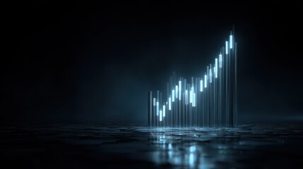 Luminous Cyan Candlestick Chart Ascending in a Dark, Reflective Digital Void.