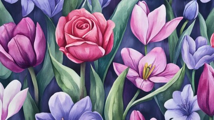 Fototapeta premium Watercolor floral garden with roses, tulips and other spring flowers