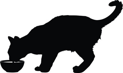 Black cat silhouette drinking from food bowl vector illustration