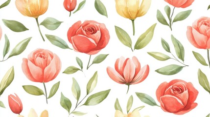 Delicate floral watercolor pattern with pastel flowers and foliage design