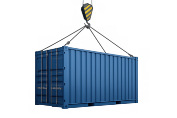 Blue shipping container lifting by crane hook, showing global freight logistics and cargo transport for international trade