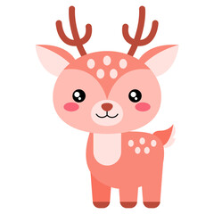Cute Cartoon Christmas deer. Kawaii reindeer vector clipart logo icon. Cute forest animal. Stock vector illustration isolated on white background.