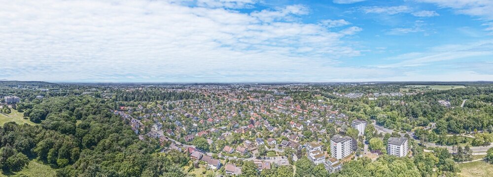 Aerial panorama of Darmstadt residential districts and forest landscape