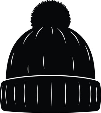 Black Winter Beanie Hat with Pom Pom Silhouette Icon Vector