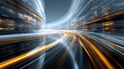 Futuristic Cityscape: Abstract Light Trails and Streaks Flowing Through a Digital Urban Environment, Representing High-Speed Connectivity and Technological Advancement with 4k Detail