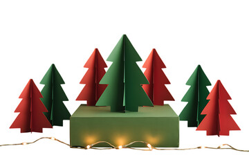 Festive Origami Christmas Trees on a Green Base with Warm Fairy Lights Creating a Cozy Holiday Scene