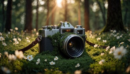 Old camera covered in moss rests on forest floor amid wildflowers during golden hour. Use: travel blog hero, nature calendar background.