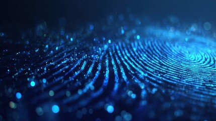 Glowing Blue Digital Fingerprint Scan - Biometric Identity Verification with Luminous Data Particles.
