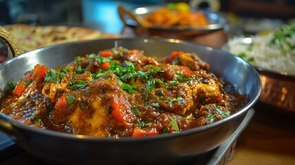 Fototapeta premium A healthy dinner of delicious stew, savory beef and vegetable soup, and spicy chicken curry with rice