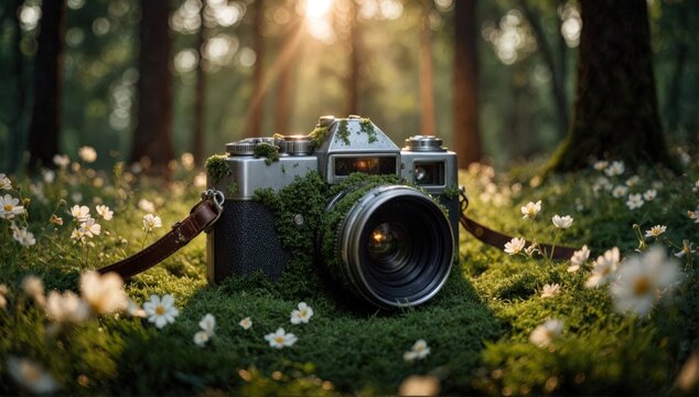 Old camera covered in moss rests on forest floor amid wildflowers during golden hour. Use: travel blog hero, nature calendar background.