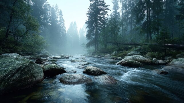 Enchanting river flows through a dense, foggy forest landscape